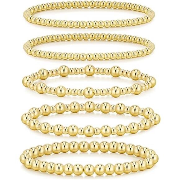14K Gold Plated Beaded Bracelets for Women - Gold Stretch Bead Ball - Picture 2 of 6